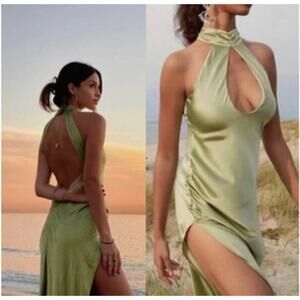 For Love and Lemons Pia Maxi Dress Green Halterback Size Small